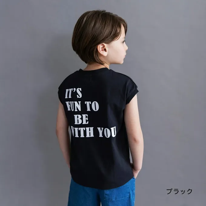 日本 BRANSHES - 100%棉 簡約風圓領法式袖上衣-方形英文-炭灰