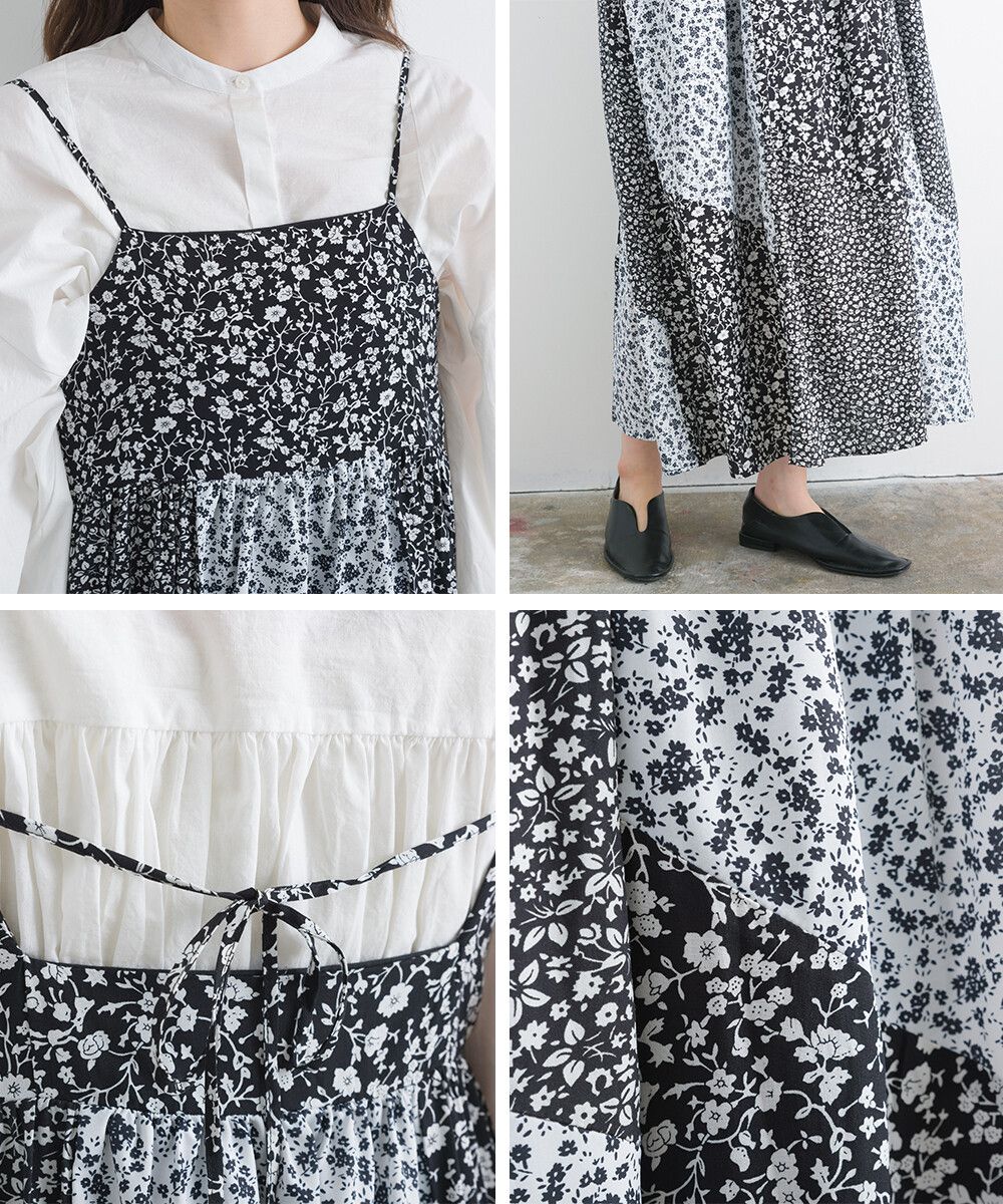 日本女裝代購 - 質感碎花拼接吊帶裙/洋裝-經典黑