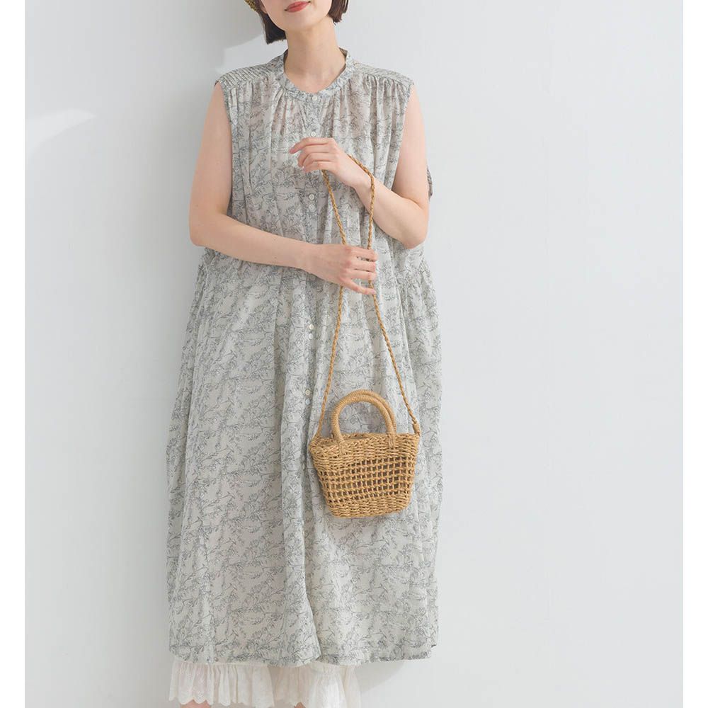 純棉清新植物印花襯衫式無袖洋裝-白灰