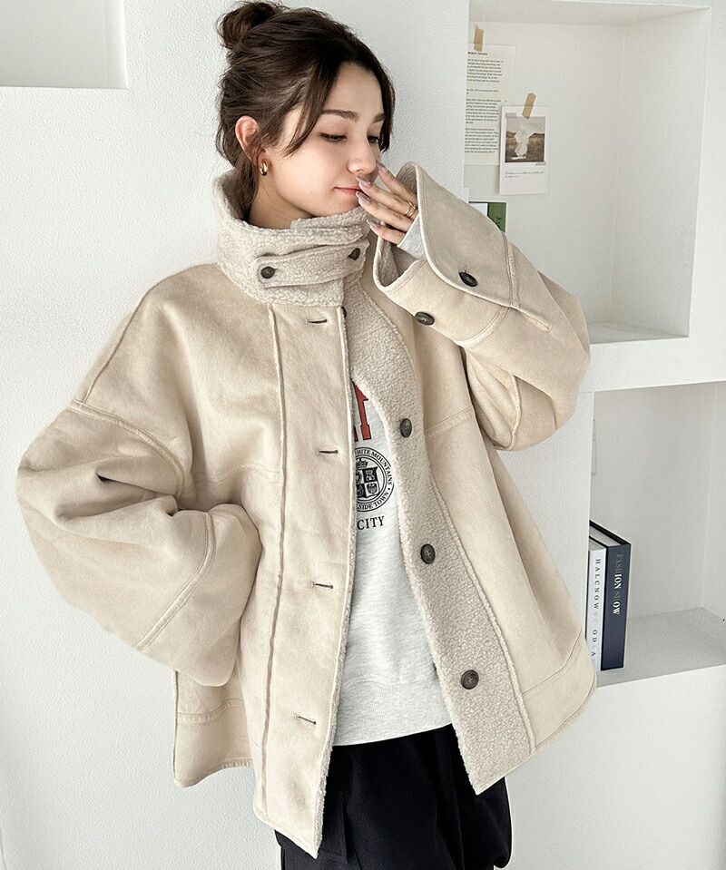 日本 Classical Elf - 麂皮絨毛雙面穿立領保暖外套-摩卡
