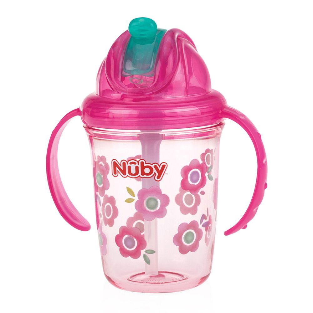 Nuby - 晶透杯系列 雙耳學飲杯-花朵-粉紅-240ml (細吸管)