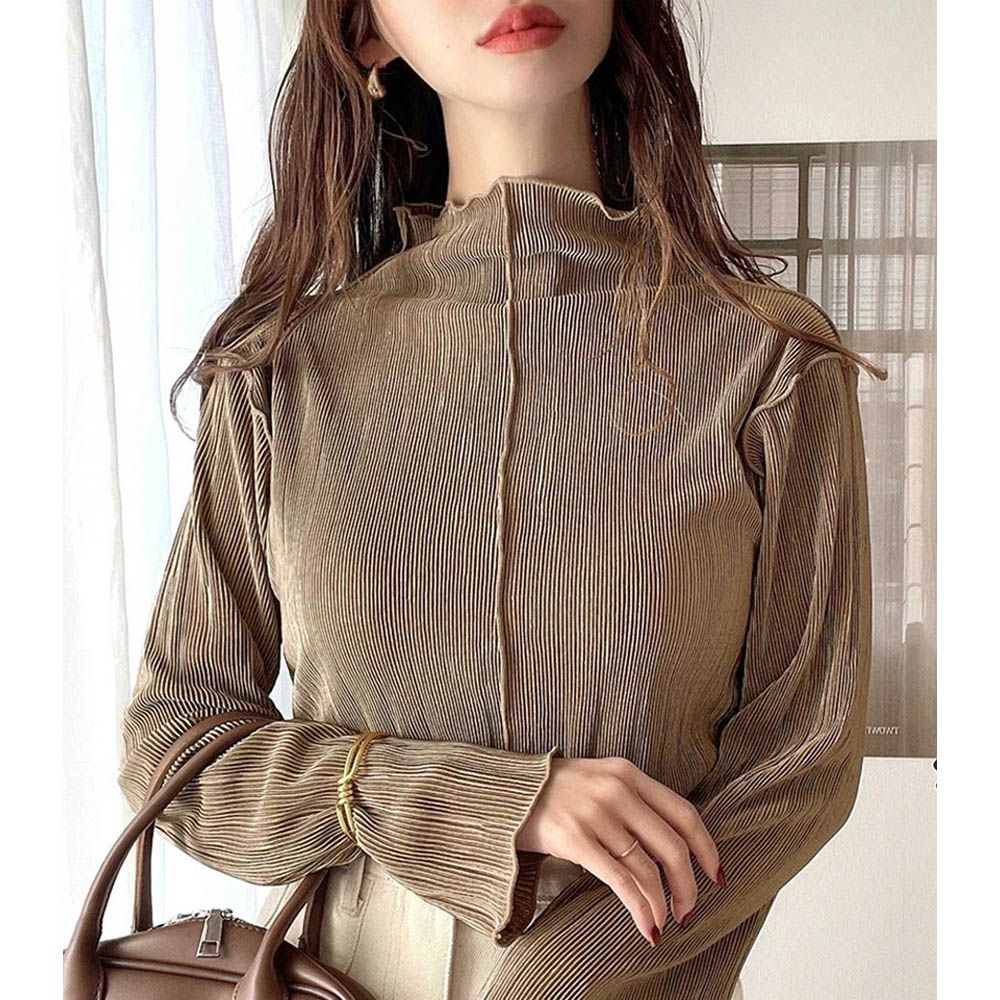 羅紋線條感木耳小高領長袖上衣-摩卡