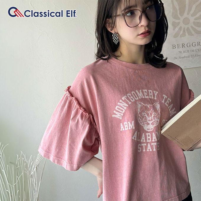 日本 Classical Elf - 貓科酷印花寬大荷葉五分袖上衣-粉紅