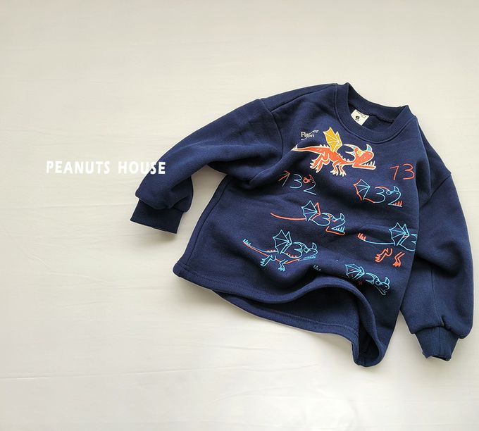 韓國 Peanuts House - (內磨毛)手繪噴火龍長袖上衣-深藍