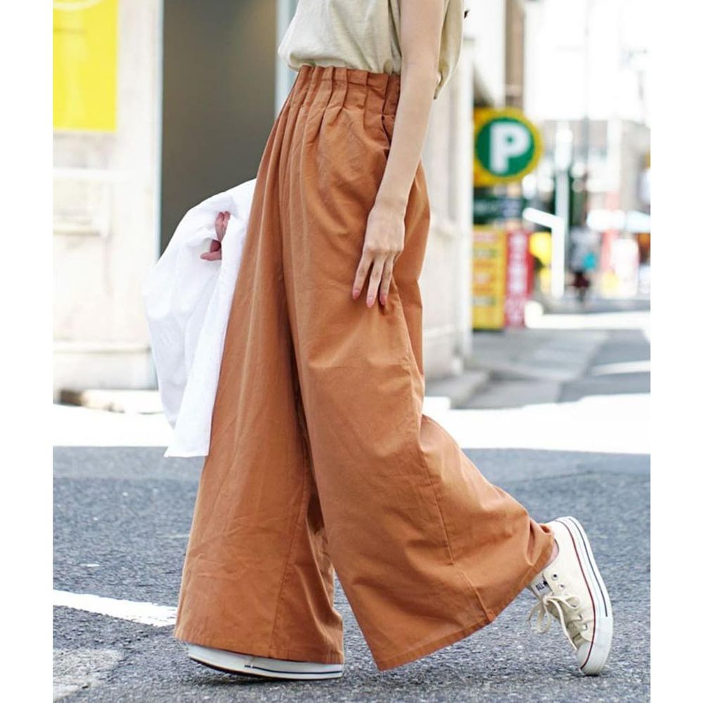 日本 zootie - 純棉仿麻布材質褲頭抓皺設計寬褲-橘