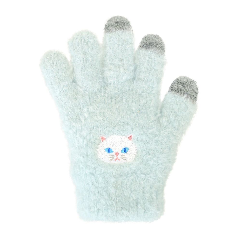 日本 TOMO - (兒童)可觸控可愛動物毛絨保暖手套-波斯貓-翠綠