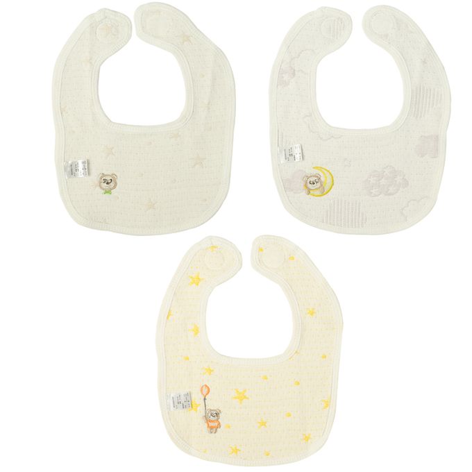 akachan honpo - 四層棉紗圍兜3入組-週年紀念小熊-米白色 (70~95cm)