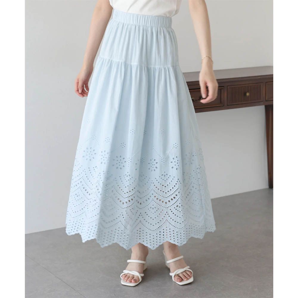 甜美雕花蕾絲下擺鬆緊長裙-水藍