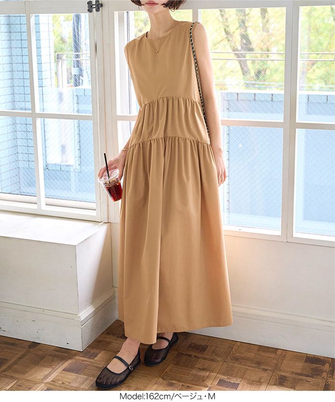 日本 Kobe Lettuce - 渡假風簡約分層無袖洋裝-黑 (M)