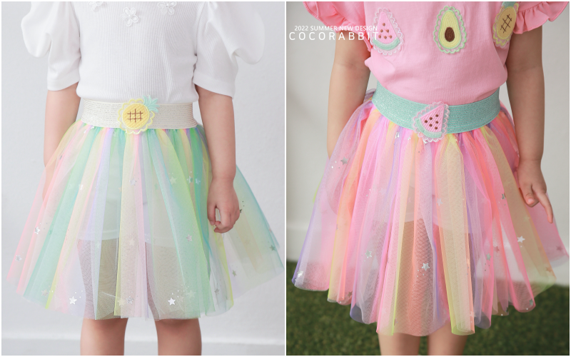 韓國 Coco rabbit - 鬆緊腰漸層彩虹星紗褲裙-西瓜