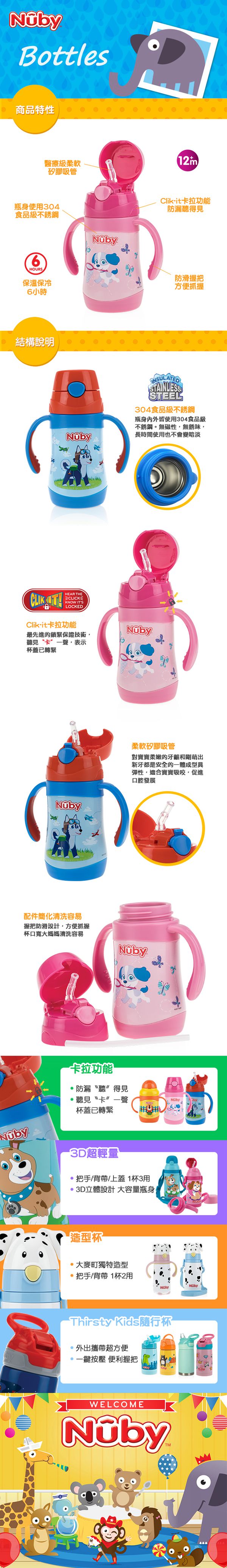 Nuby - 不鏽鋼真空學習杯-花漾犬-280ml(細吸管)