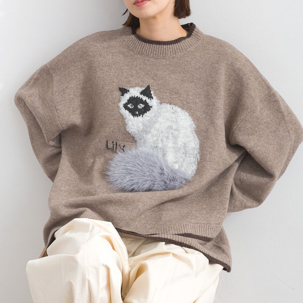 毛絨尾巴貓咪設計感針織長袖上衣-卡其棕