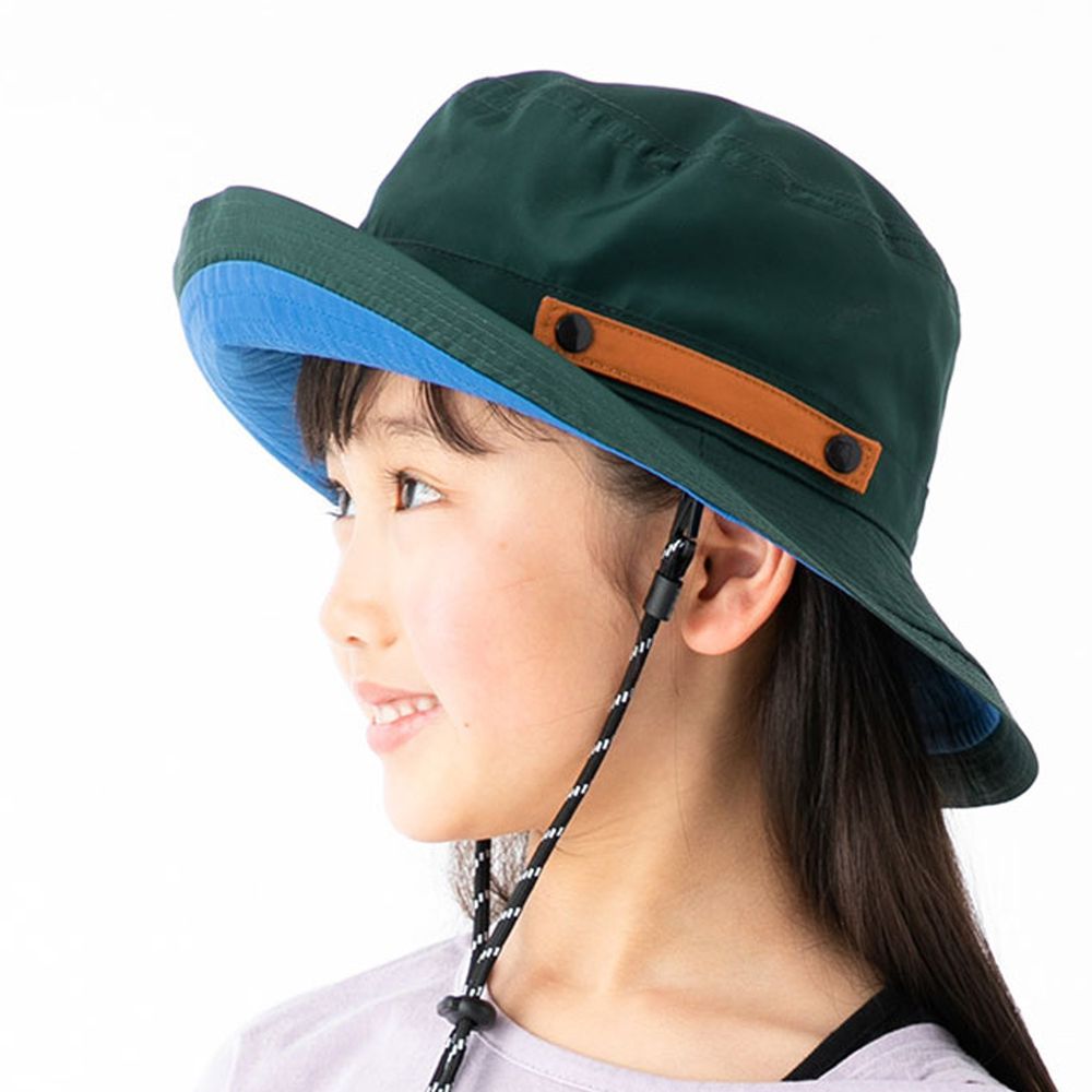 日本 irodori - 抗UV可捲收防潑水遮陽帽(附防風帽帶)-兒童款-深綠x藍內裏 (54cm)