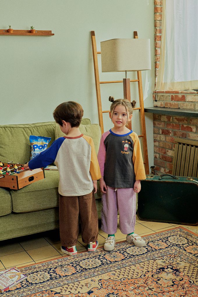 韓國 First Blue - 美味爆米花印長袖上衣-黃橘X燕麥X寶藍