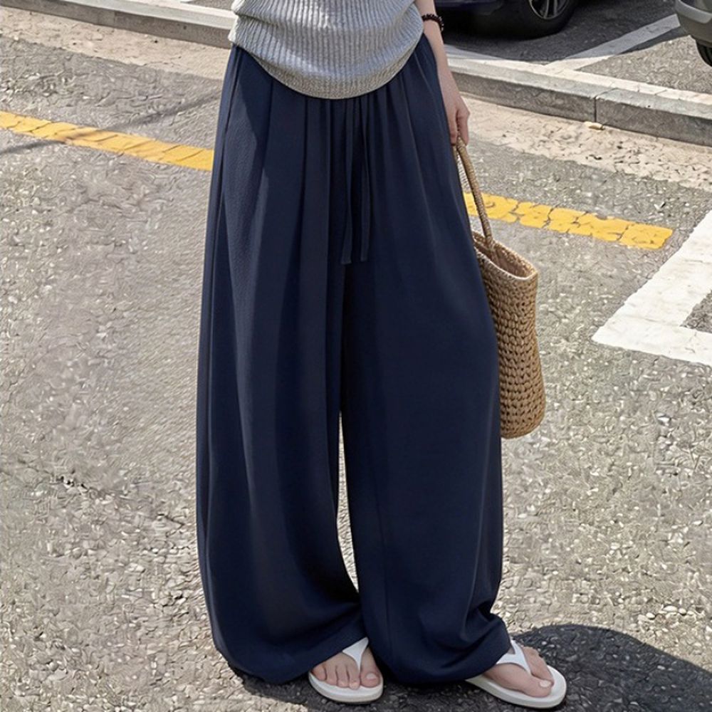 鬆緊腰顯瘦薄透夏日亞麻彎刀褲-藏青
