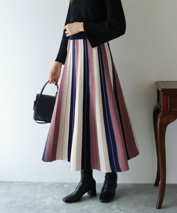 日本 BLUE EAST - [店員推薦] 撞色修身針織長裙-深藍x粉紫