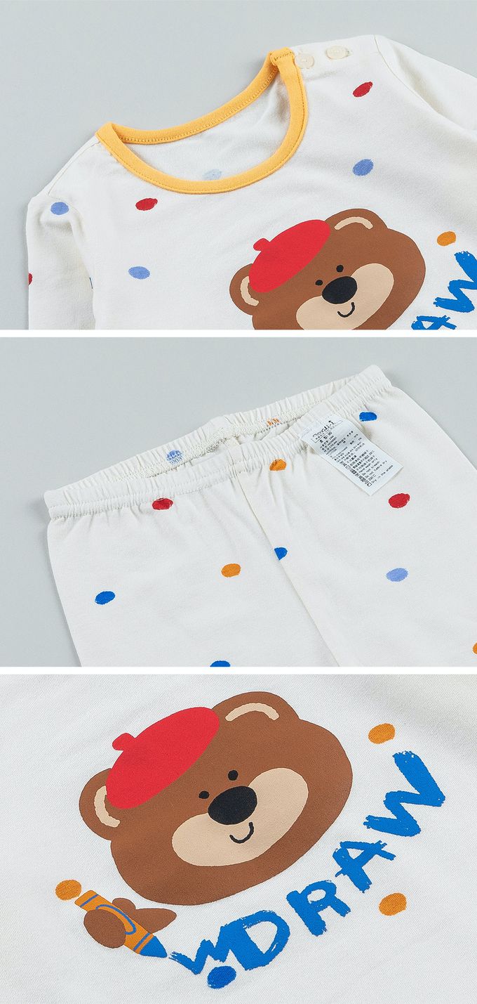 韓國 Cordi-i - 無螢光棉薄款彈性長袖家居服-棕熊畫家-米