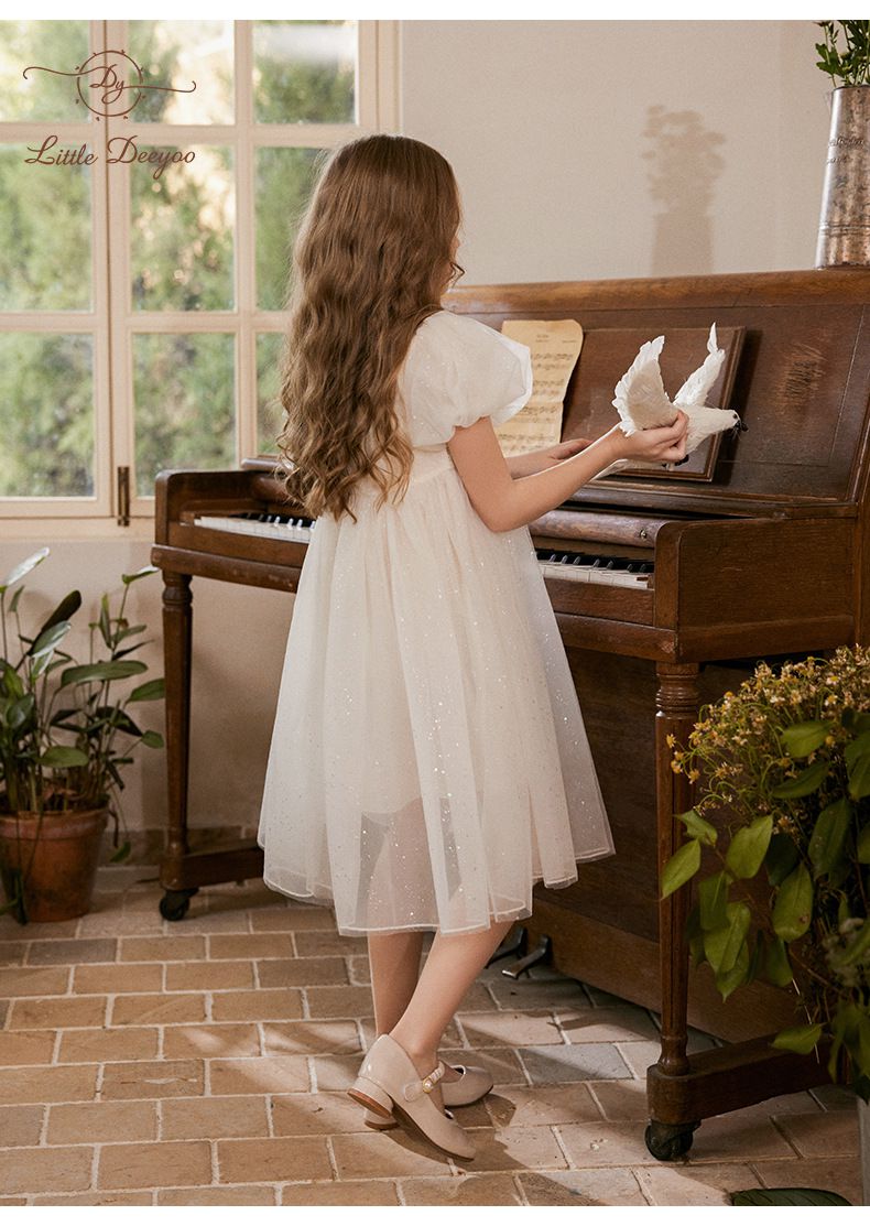 Little Deeyoo - 小仙女花苞袖亮片網紗連身洋裝-米杏色