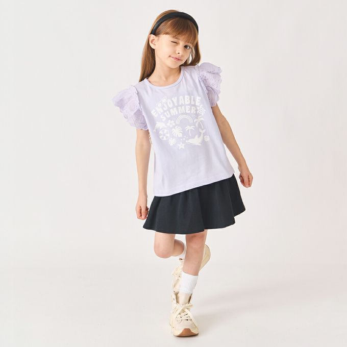 日本 evercloset - 100%棉 蕾絲荷葉邊印花短袖上衣-水藍