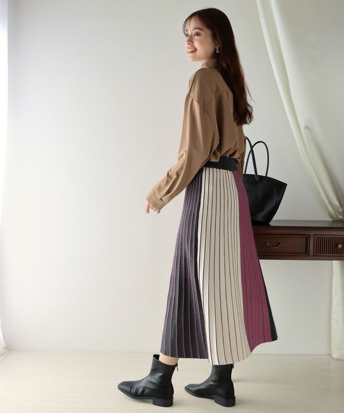 日本 BLUE EAST - 立體針織壓紋百褶裙-撞色-灰藍