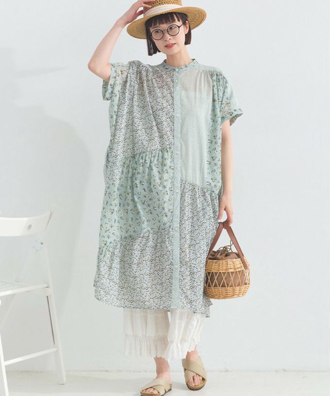 日本 Lupilien - 純棉巴里紗花朵拼布襯衫式洋裝-黃