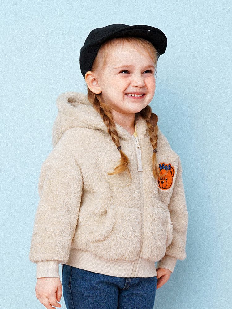 韓國 HEJMINI - 熊熊絨毛連帽夾克-卡其