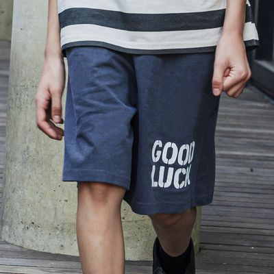 韓國 APPLE SMILE - 鬆緊腰GOOD LUCK過膝棉褲-黑灰