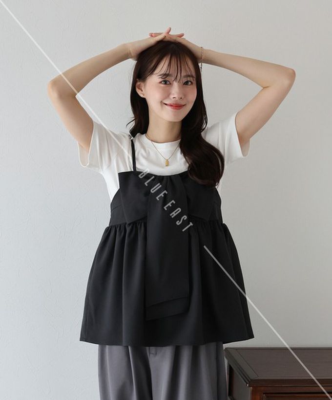 日本 BLUE EAST - 亮眼可愛蝴蝶結細肩帶上衣-摩卡