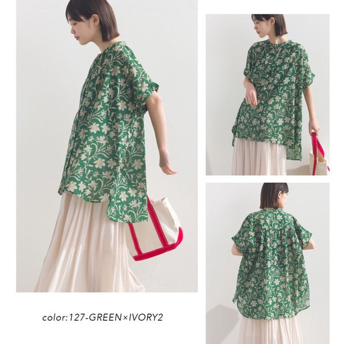 日本 OMNES - 100%印度棉 夏日印花休閒長版襯衫-象牙粉圖騰