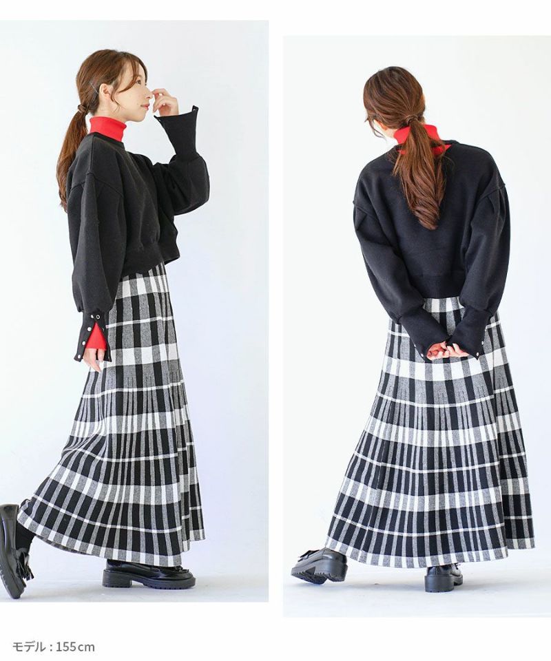 日本 zootie - 單色格紋百褶針織長裙-黑白-M