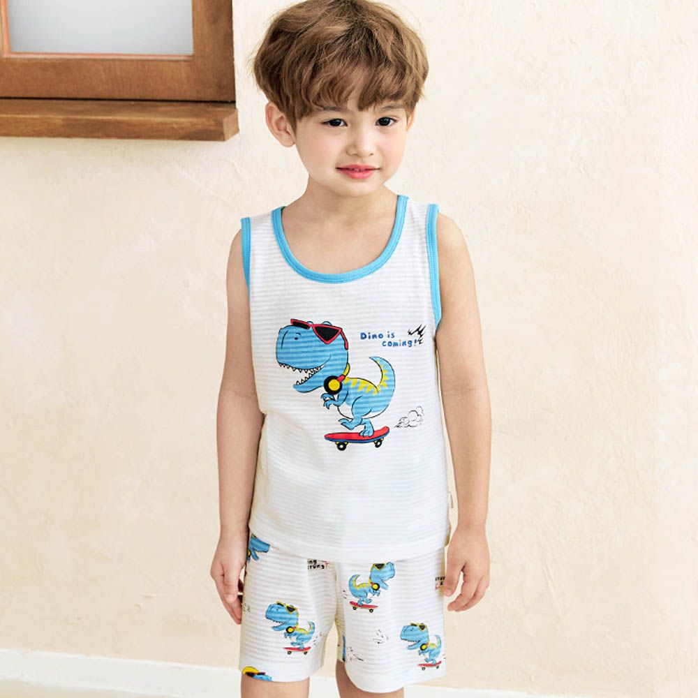 透氣條紋提花棉無袖家居服-滑板暴龍