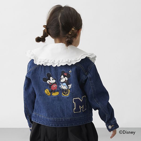 日本 petit main - 聯名款 經典印花廓形牛仔夾克-卡通人物米奇米妮-丹寧藍