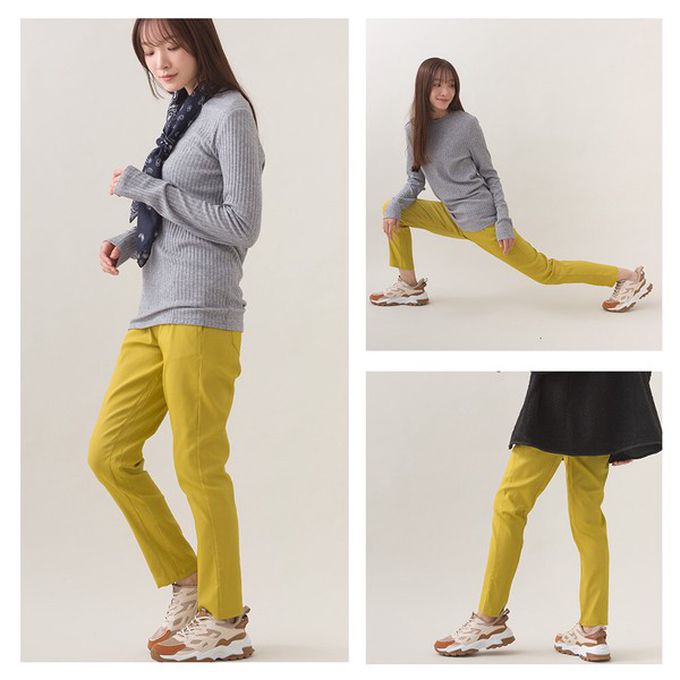 日本 OMNES - 美腳彈性內刷毛錐形長褲(後腰鬆緊)-芥末黃