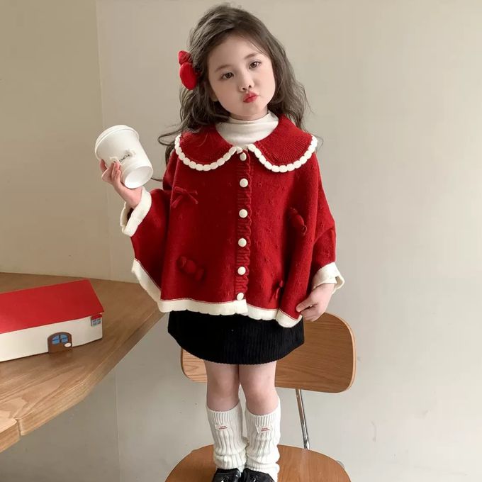 新年拜年娃娃領斗篷式開襟針織毛線外套