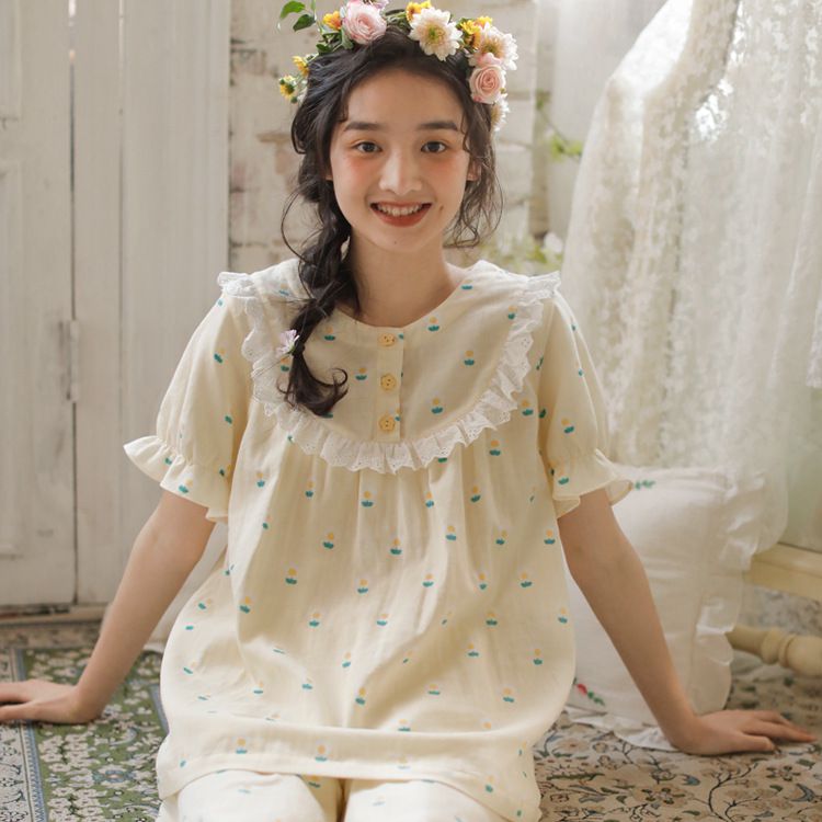 雙層棉紗布透氣家居睡衣套裝-短袖+膝下褲-黃色