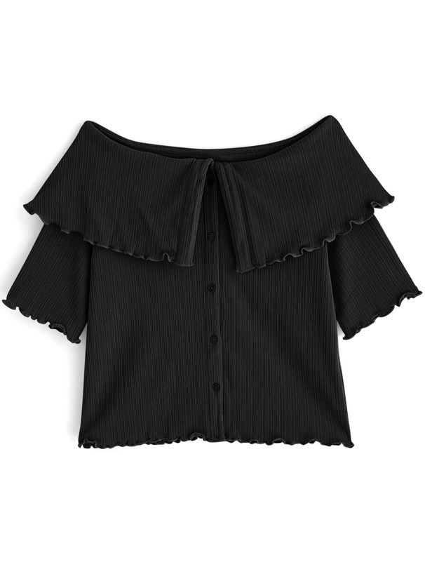 日本 GRL - 木耳捲邊翻領五分袖上衣-黑 (F)