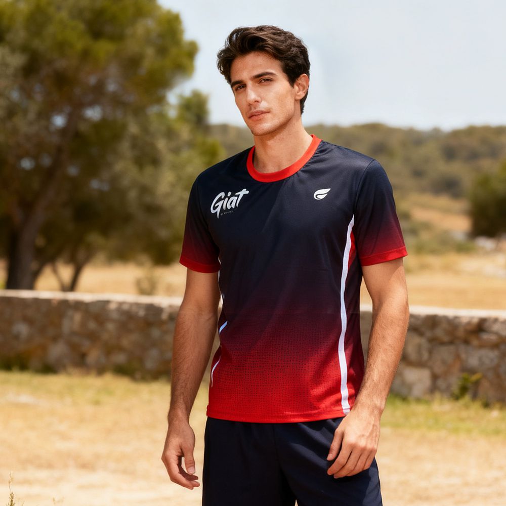 男女設計款吸濕排汗休閒運動衣-短袖-漸影/紅黑