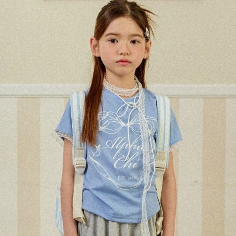 W.S.B. 造型蕾絲點綴短袖上衣-蝴蝶結緞帶愛心印-灰藍