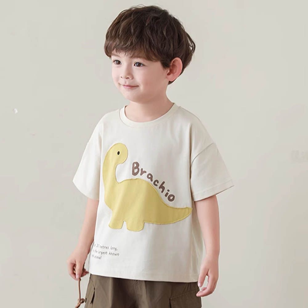 純棉圓領休閒短袖上衣-恐龍貼布繡-杏色