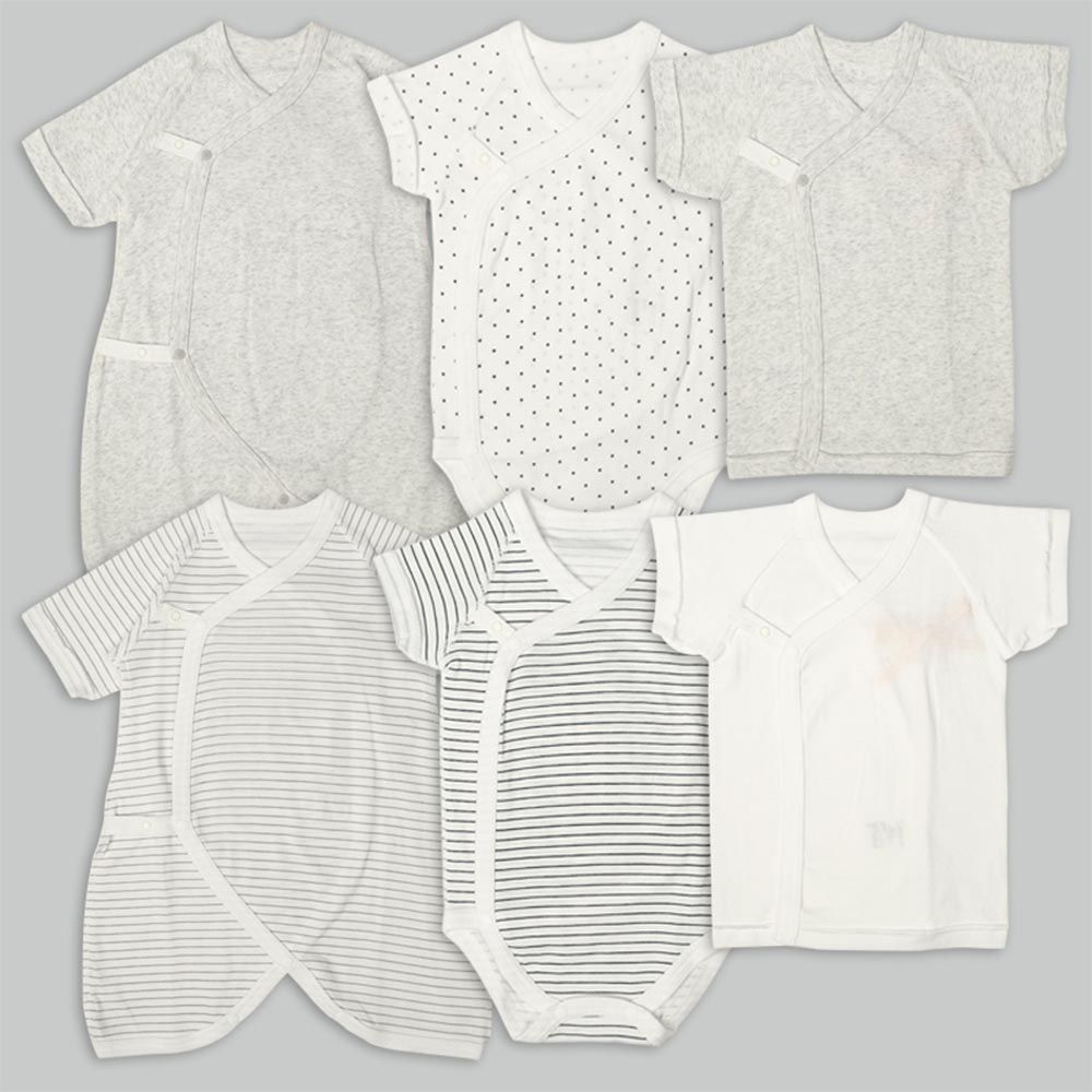 akachan honpo - 新生兒內衣6件組-按扣款 短袖・7分袖-灰色 (50~60cm)