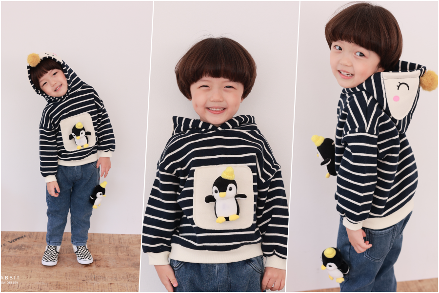 韓國 Coco rabbit - 害羞企鵝條紋連帽長袖上衣-灰