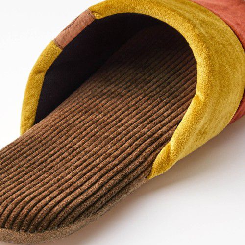 日本千趣會 - 燈芯絨拼接室內拖-綠灰 (25-26.5cm)