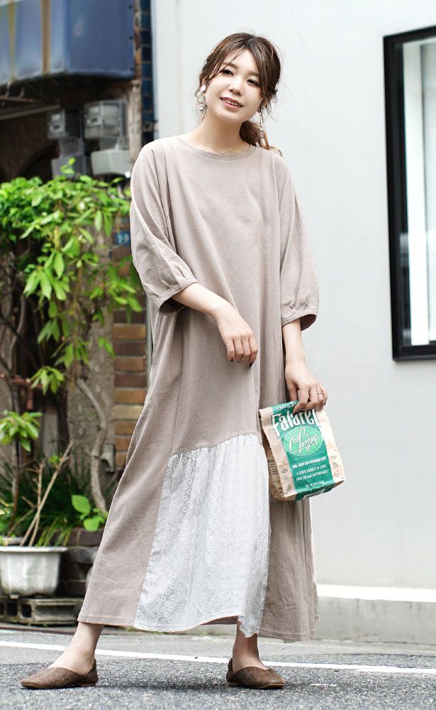 日本 zootie - 純棉蕾絲撞色拼接七分袖長版洋裝-灰杏