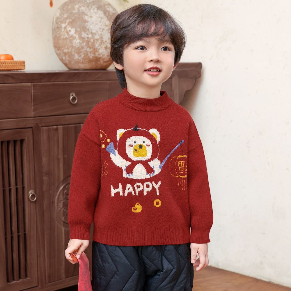 加厚保暖針織長袖上衣-歡樂過節-紅色