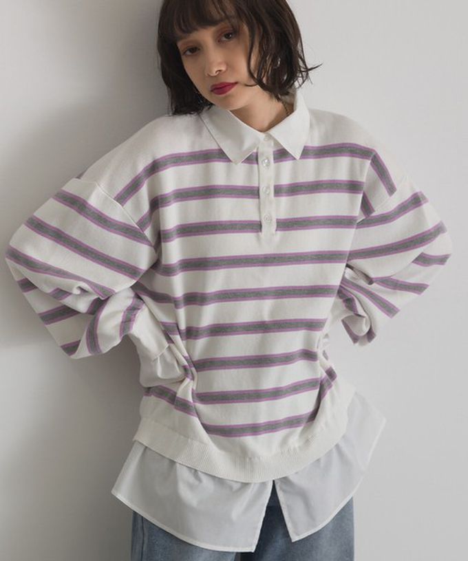 日本 ELENCARE DUE - 假二件襯衫領輕盈落肩長袖上衣-開心果綠