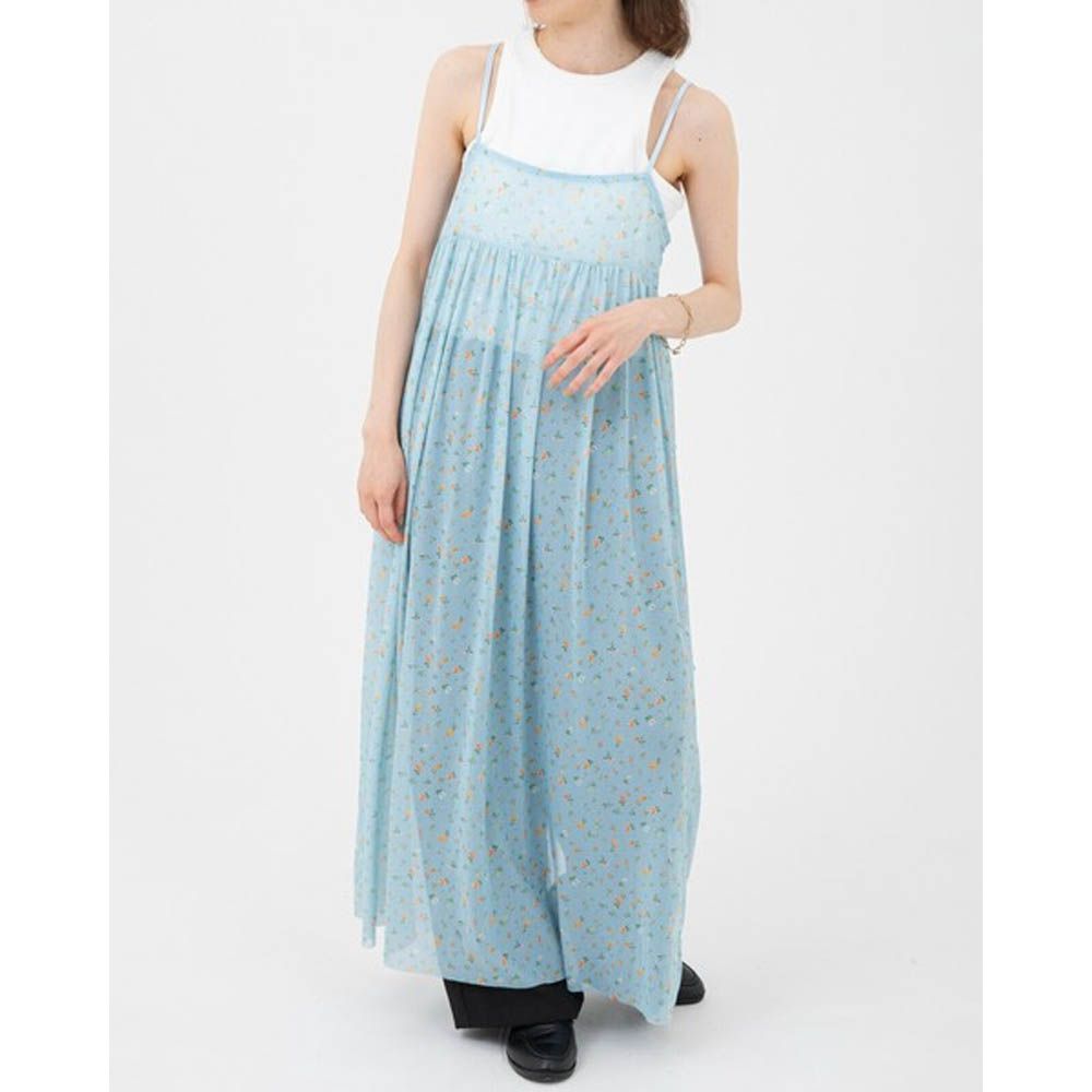 前後2way浪漫小花細肩帶薄紗洋裝-水藍