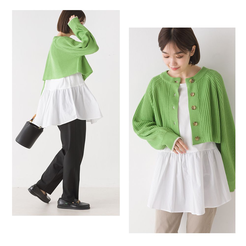 日本 OMNES - 圓領俏麗短版粗針織外套-淺卡其