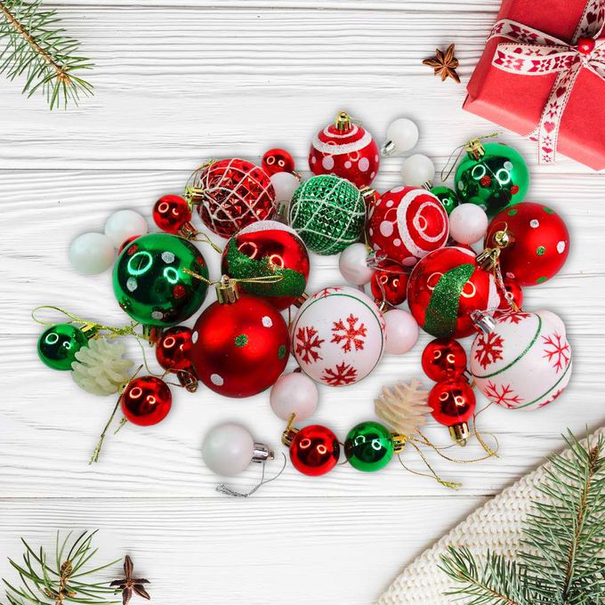 MODACore 摩達客 - 30mm + 60mm造型彩繪球42入吊飾禮盒裝(16格)紅綠白色系| 聖誕樹裝飾球飾掛飾