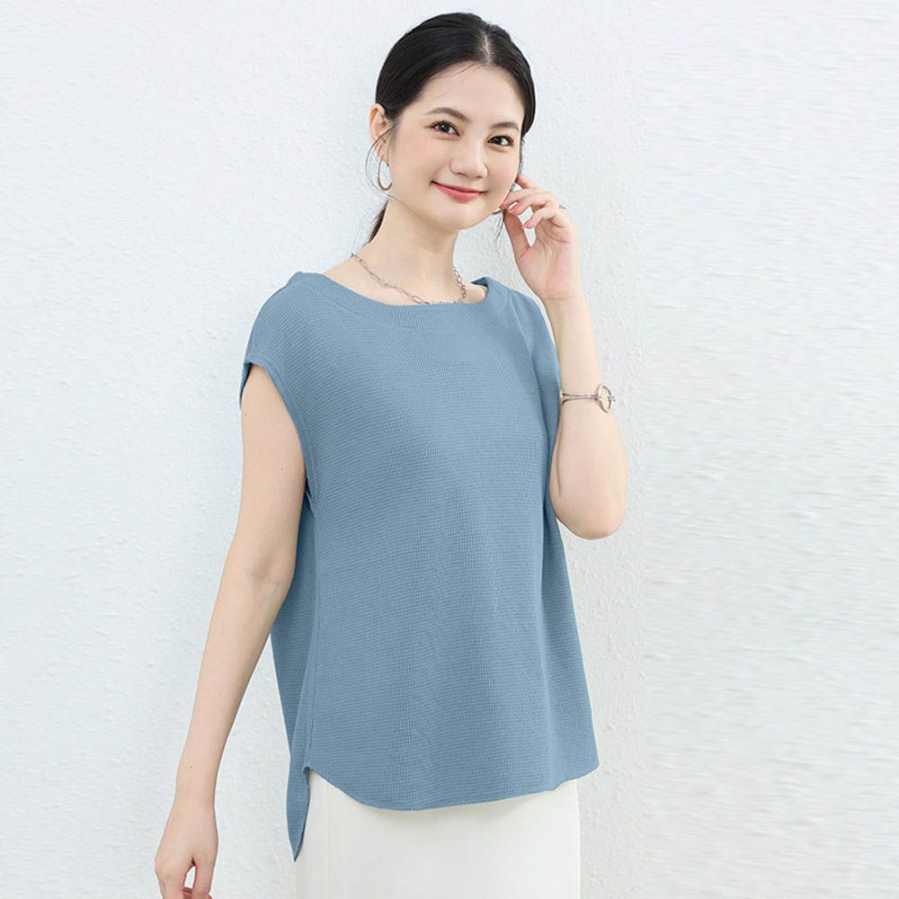 休閒百搭顯瘦法式袖上衣-藍色