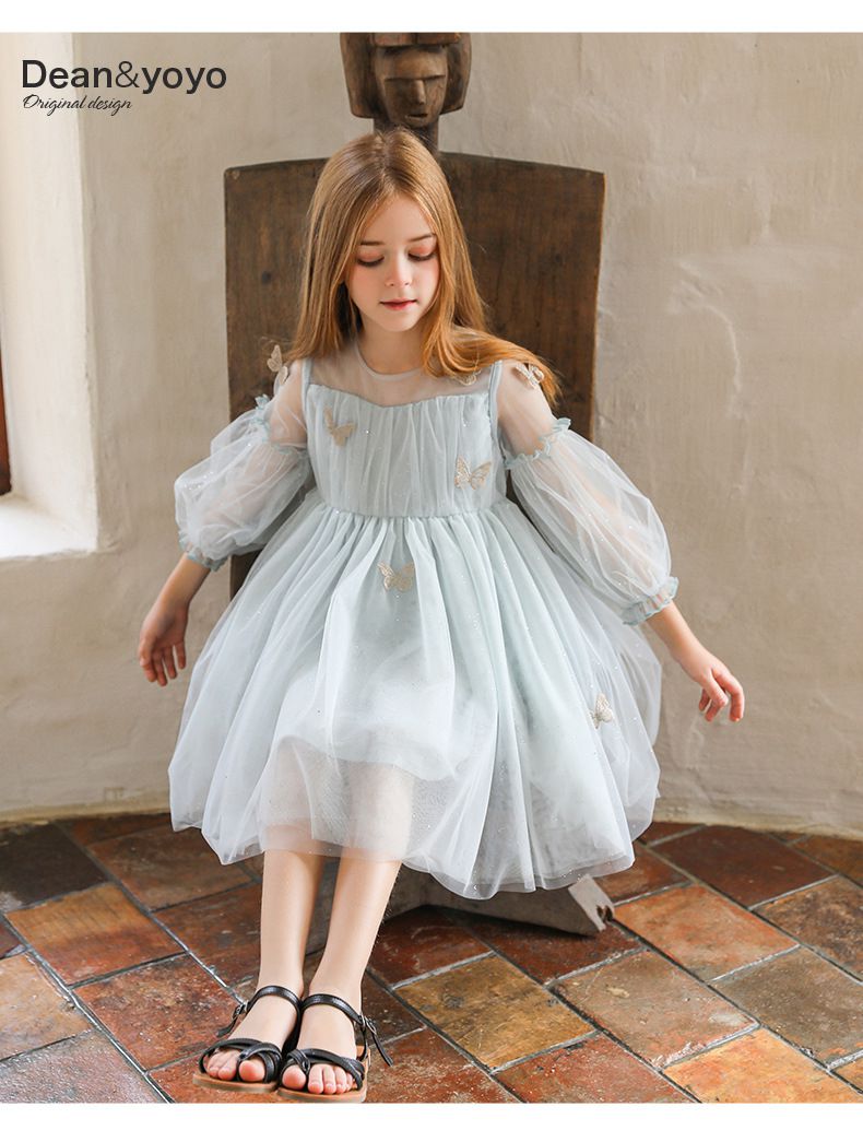 Little Deeyoo - 小仙女七分袖網紗連身洋裝-立體蝴蝶-藍色